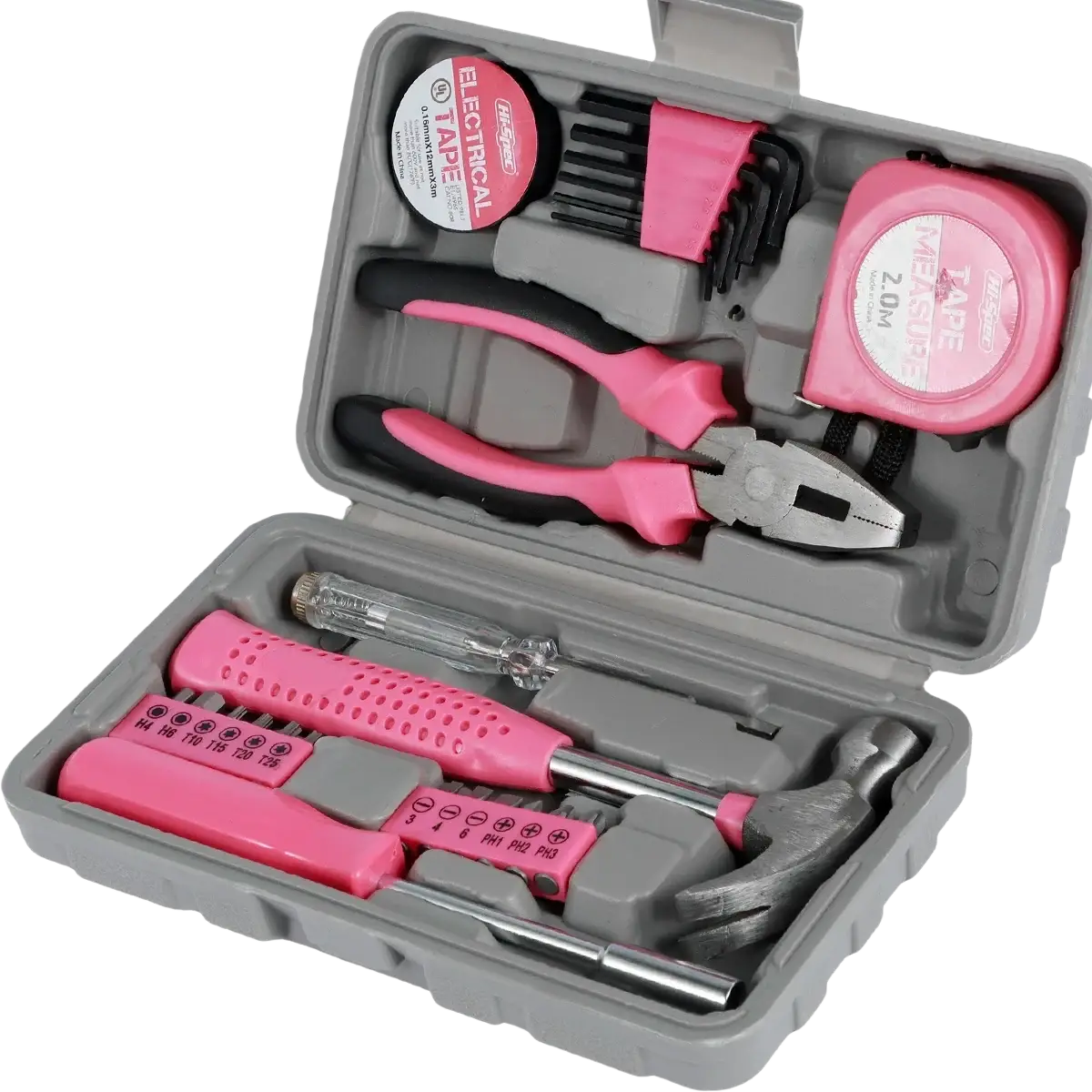 Pink and black handled household tool set with storage gray plastic case for organized home repairs