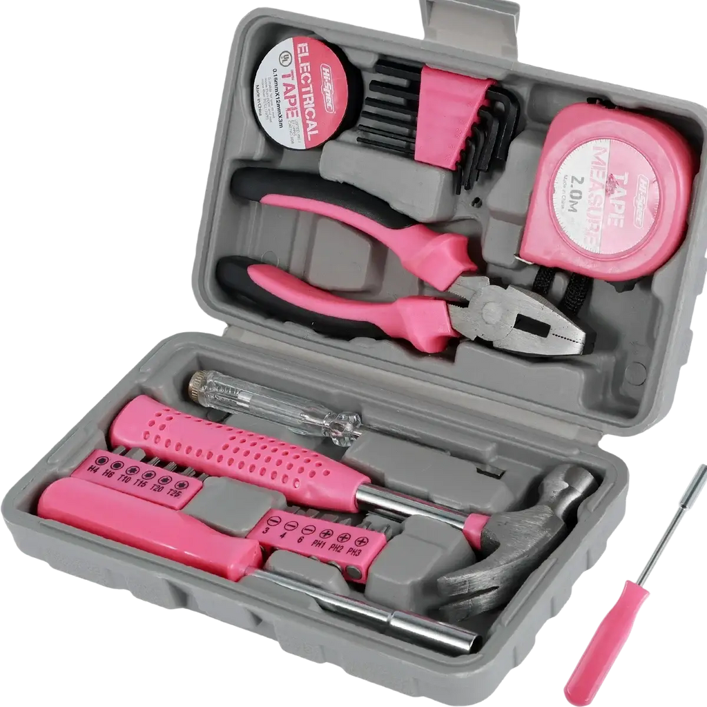 Pink household tool set with storage case featuring pink and black-handled tools in a gray plastic case