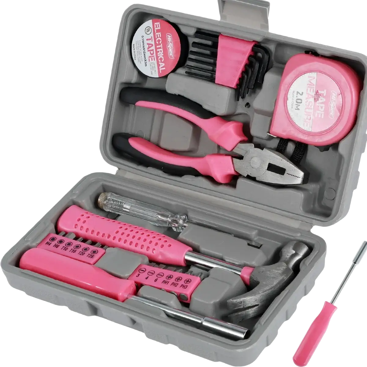 Pink household tool set with storage case featuring pink and black-handled tools in a gray plastic case