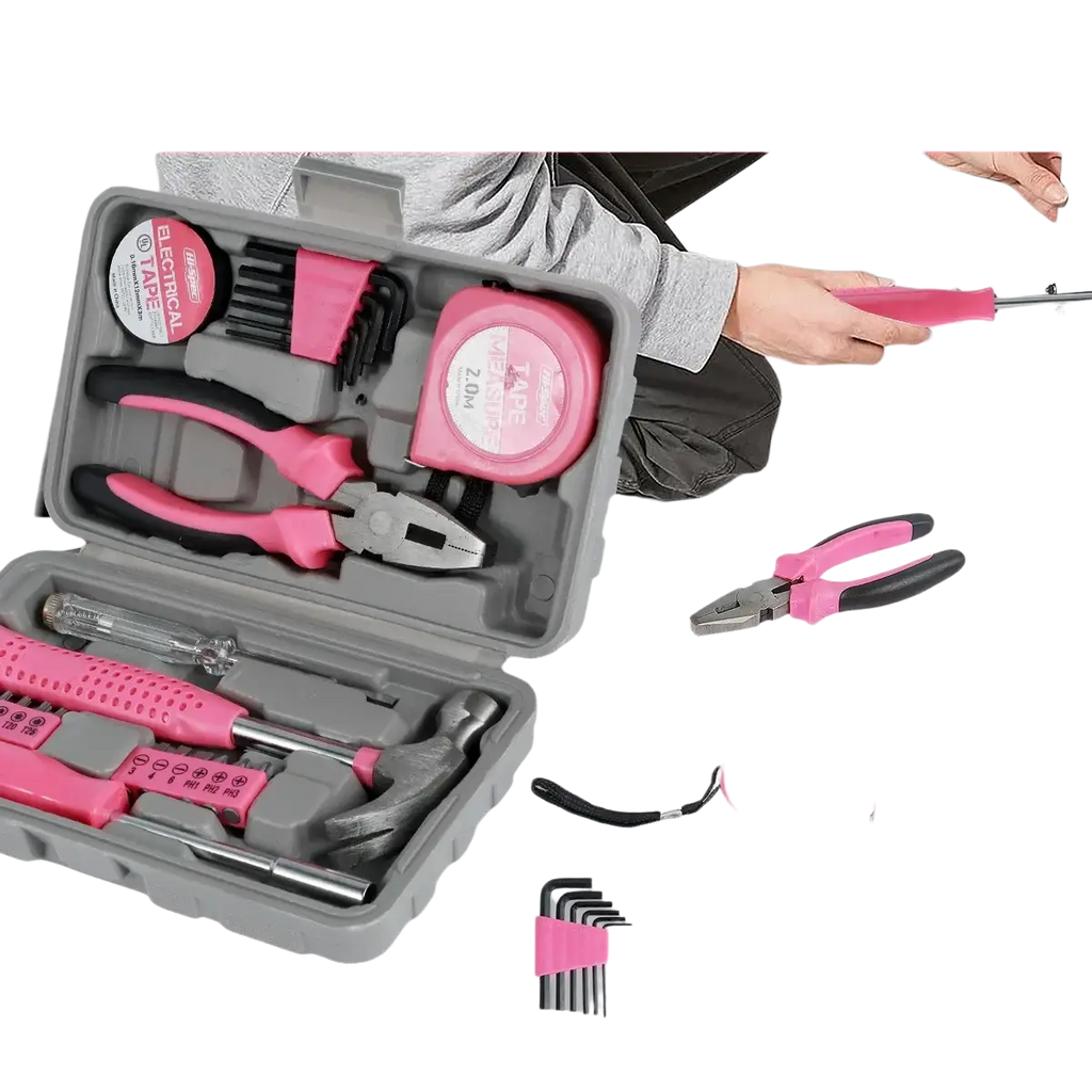 Pink household tool set with metal and plastic components in a pink and gray hard-shell storage case