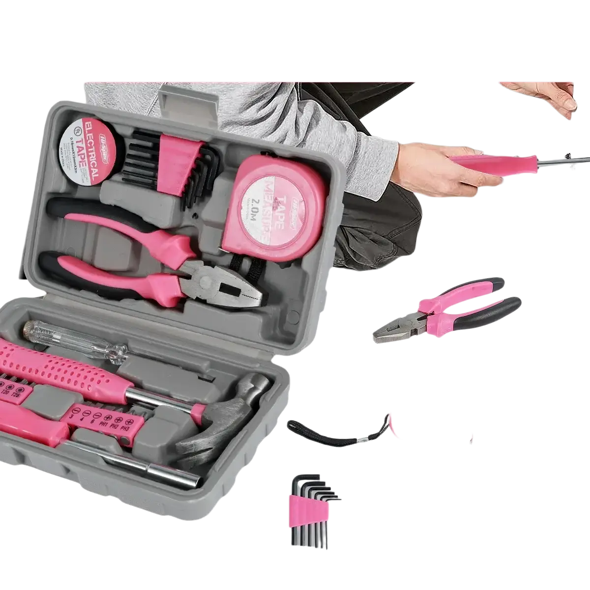 Pink household tool set with metal and plastic components in a pink and gray hard-shell storage case