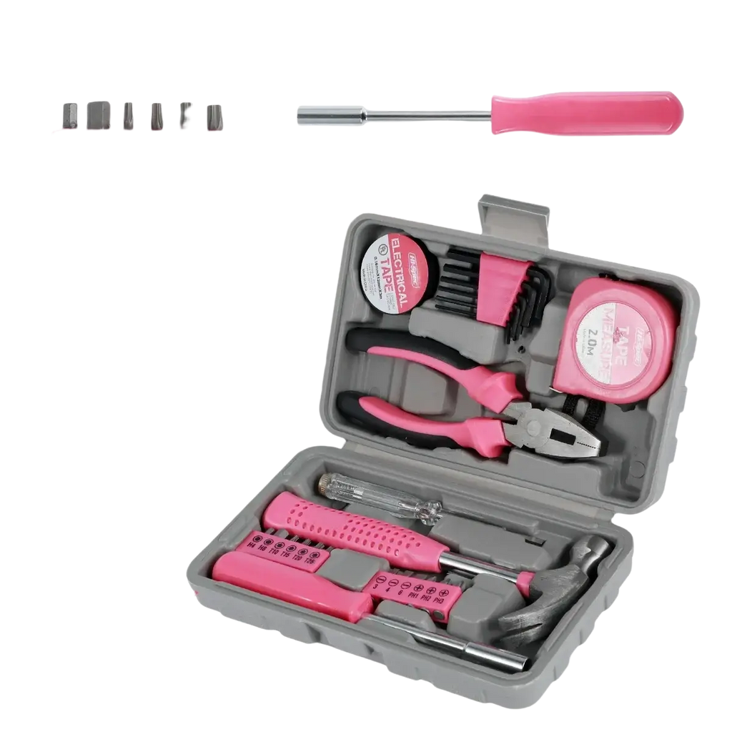 Pink handheld 1/4 batch head screwdriver with durable gray plastic storage case containing various household tools