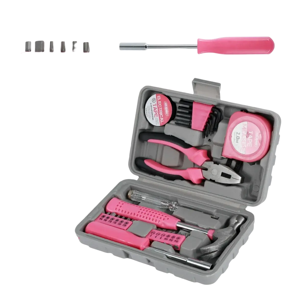Pink handheld 1/4 batch head screwdriver with durable gray plastic storage case containing various household tools