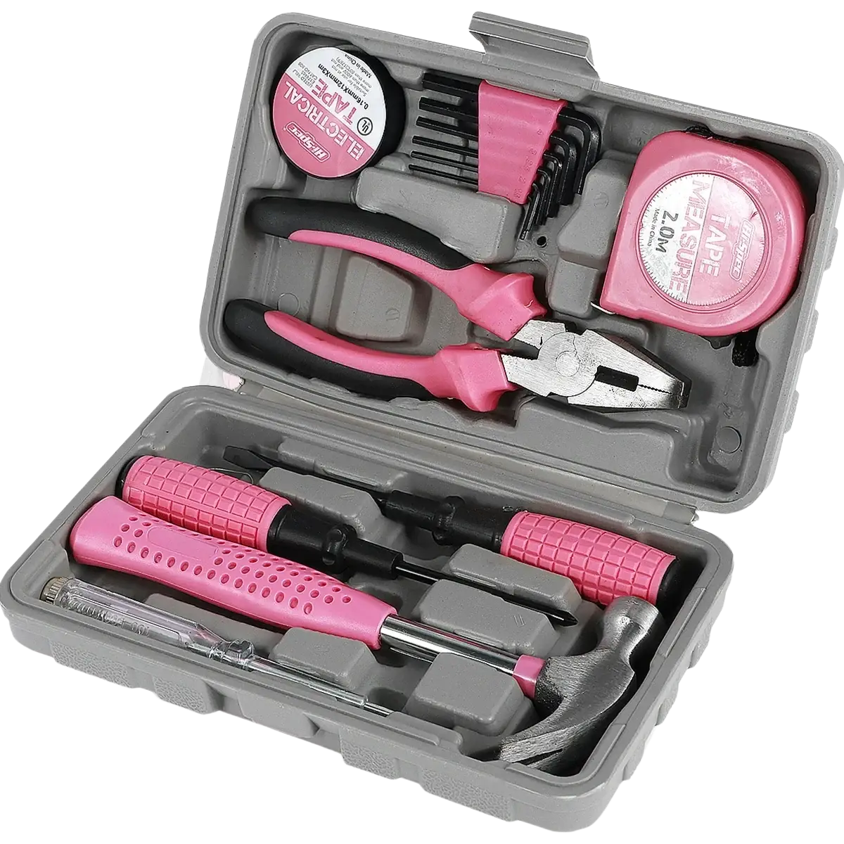 Pink household tool set with pink-handled pliers screwdrivers and other tools in a gray plastic storage case