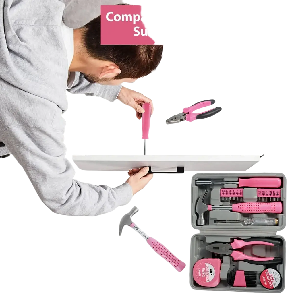 Pink-handled screwdriver with metallic shaft from compact pink household tool set with storage case for home repair