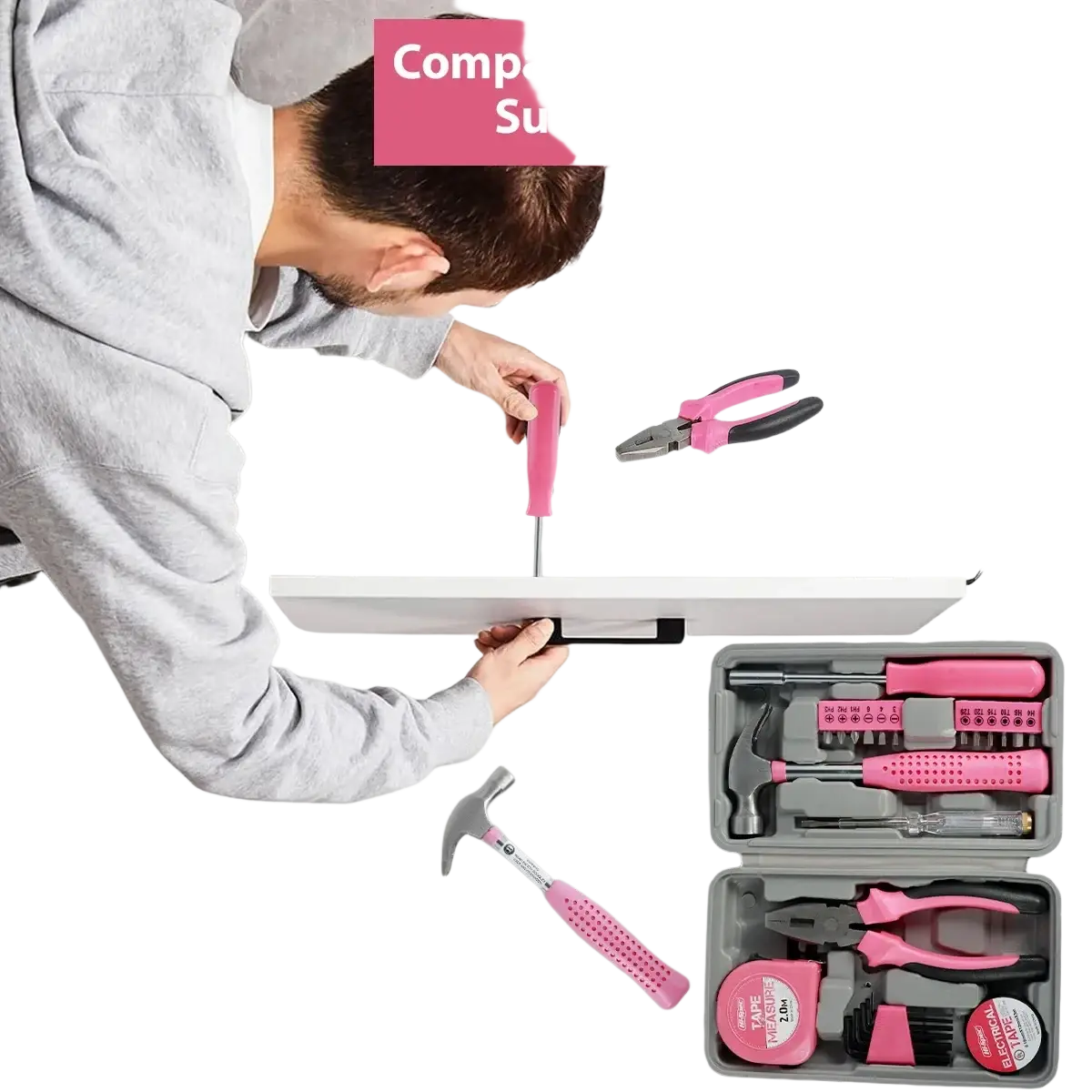 Pink-handled screwdriver with metallic shaft from compact pink household tool set with storage case for home repair
