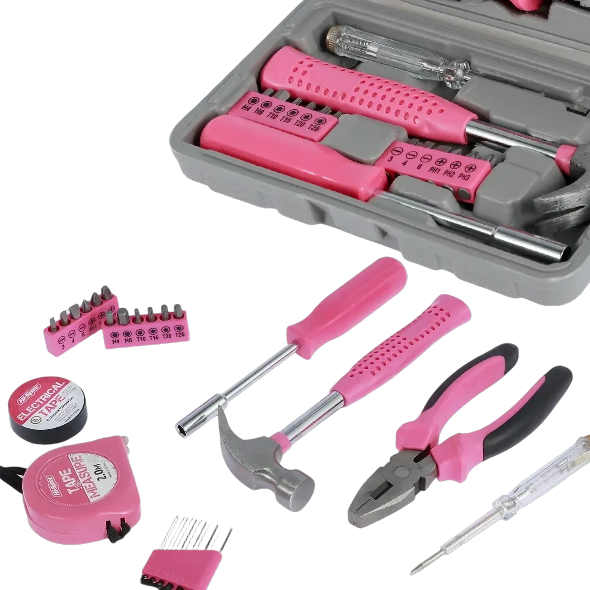 Pink household tool set screwdriver with pink perforated handle and metallic shaft in pink and gray storage case