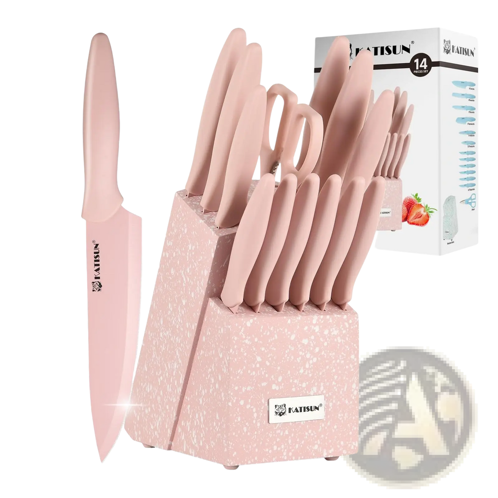 Pink speckled ceramic knife block holding 14 piece pink handled stainless steel knife set for kitchen use