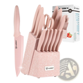 Pink speckled ceramic knife block holding 14 piece pink handled stainless steel knife set for kitchen use