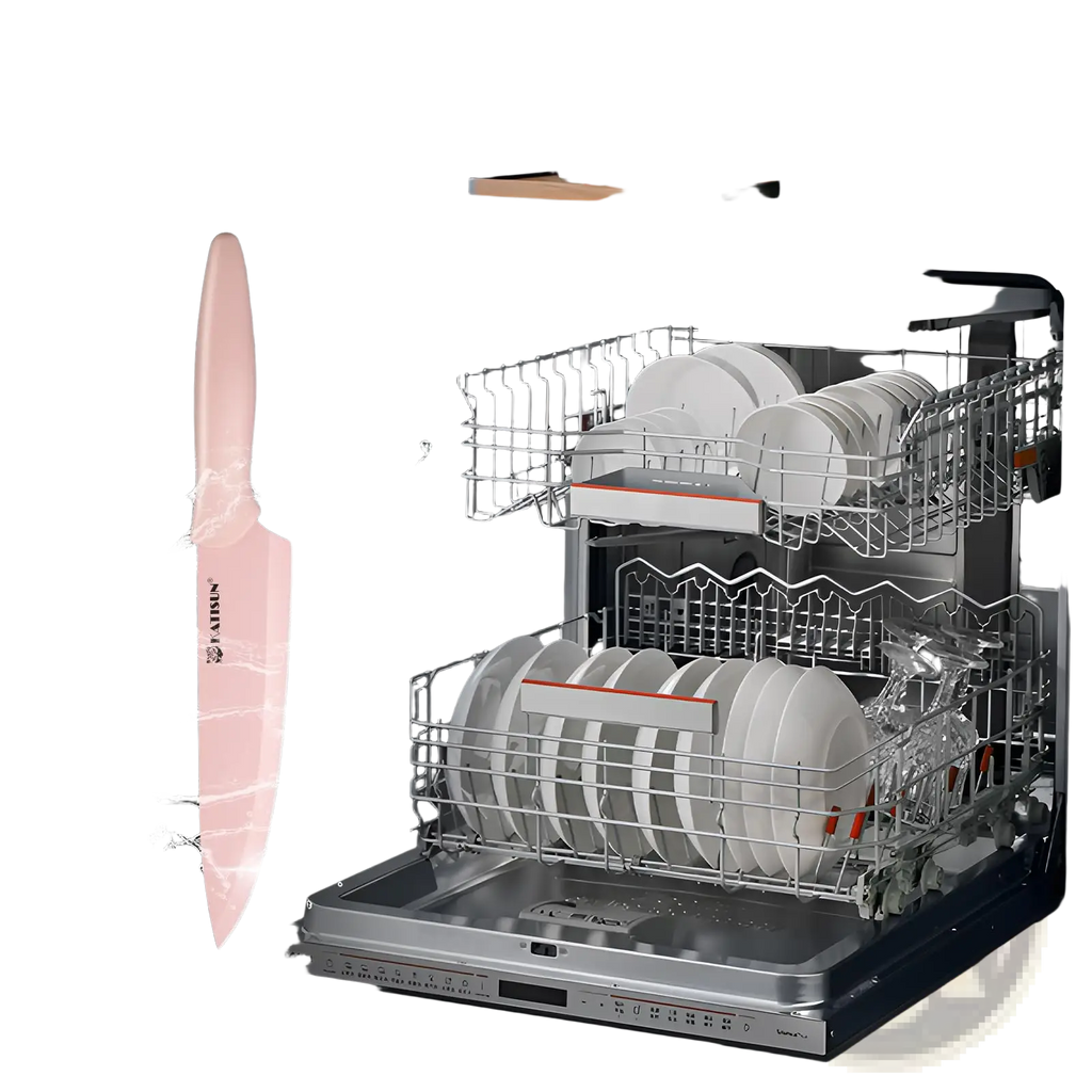 A sleek pink ceramic knife with modern design and kaihun engraving from a 14 piece stainless steel pink knife set
