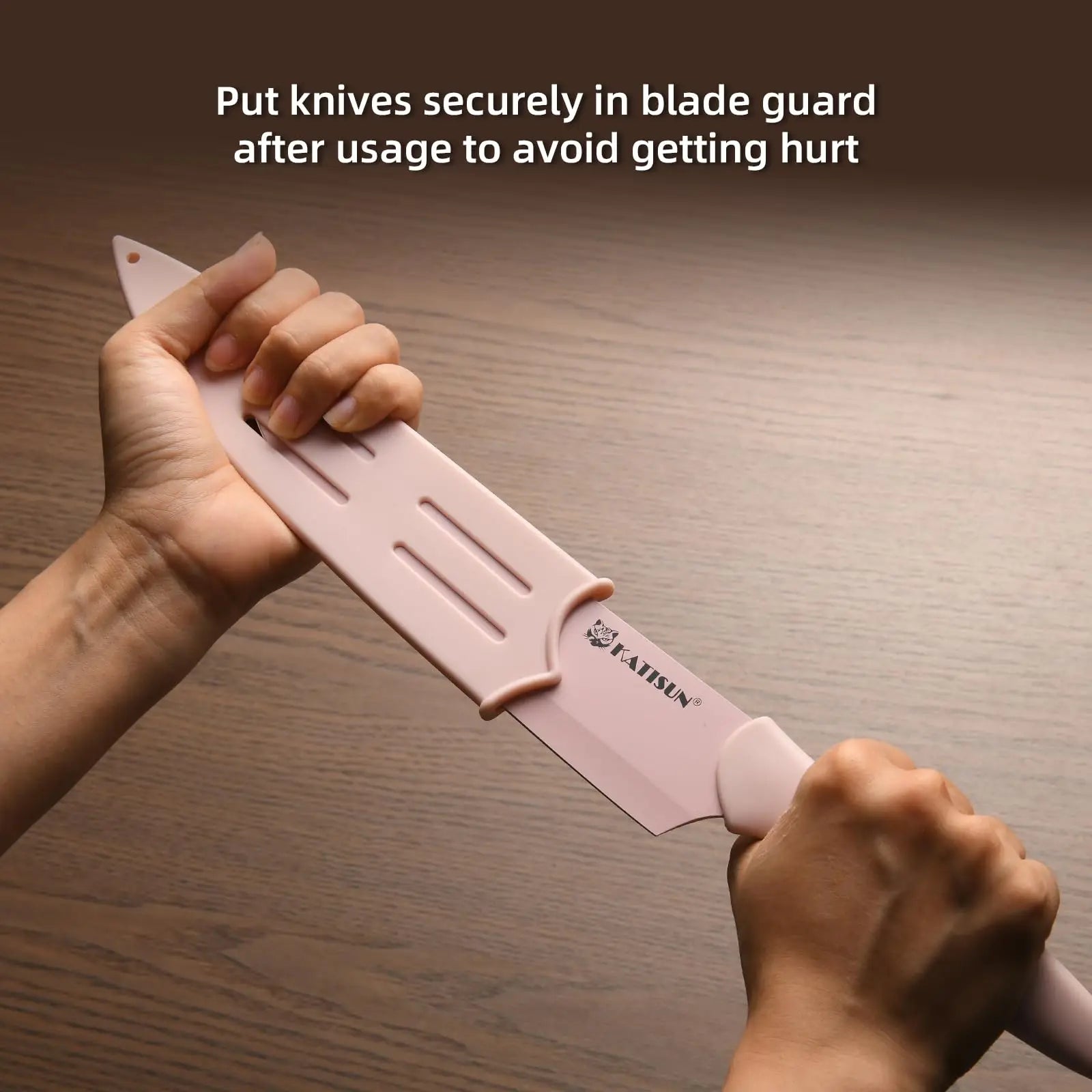 Pink plastic blade guard for katisun knife with three horizontal slots fits securely in pink knife set with block 14 piece stainless steel