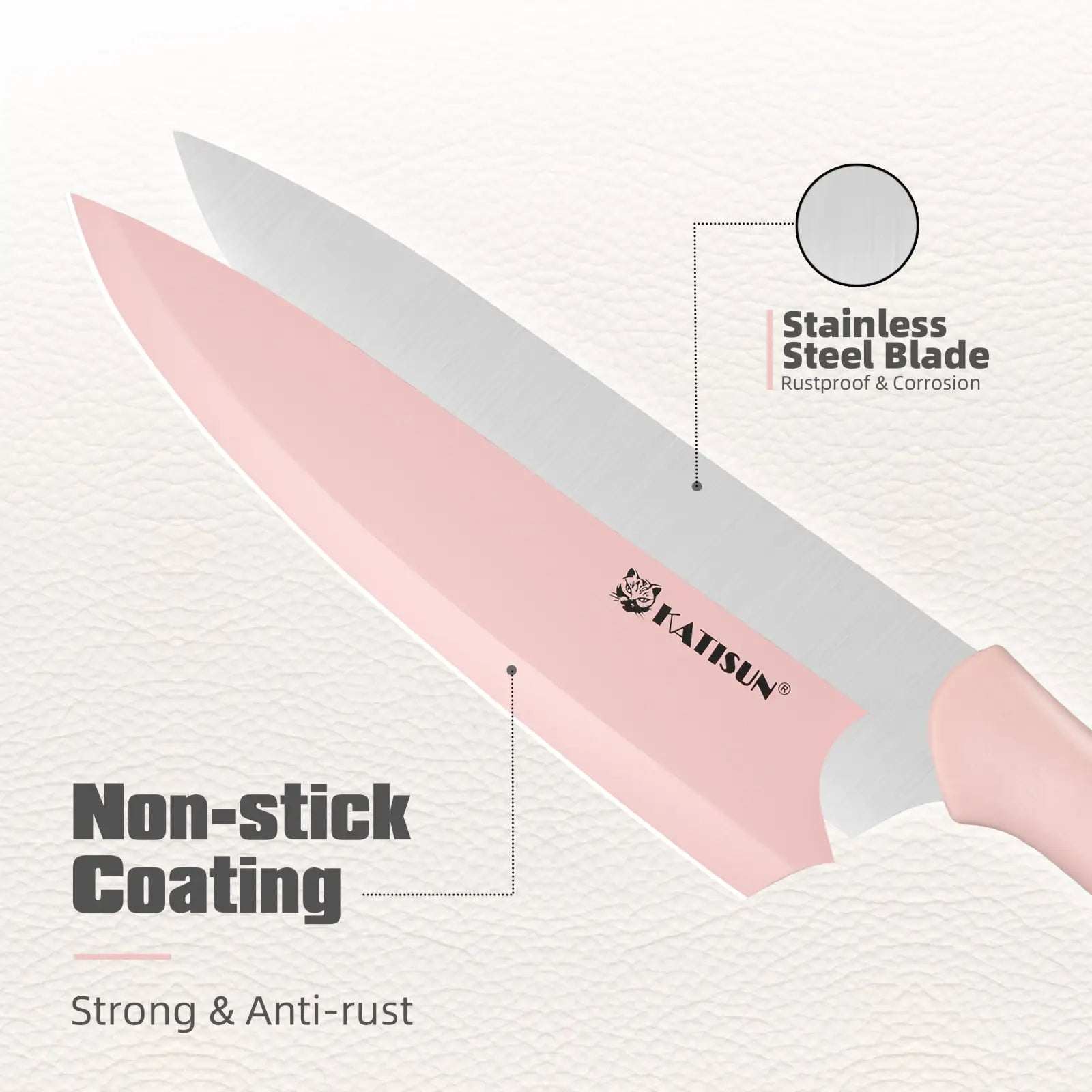Pink-handled kitchen knife with stainless steel non-stick blade and katisun logo from 14 piece pink knife set with block