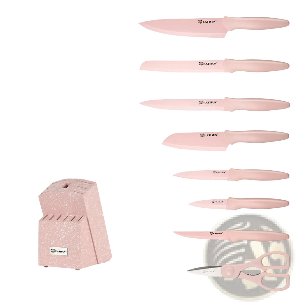 Pink speckled ceramic knife block with integrated slots and branded label in 14 piece stainless steel knife set