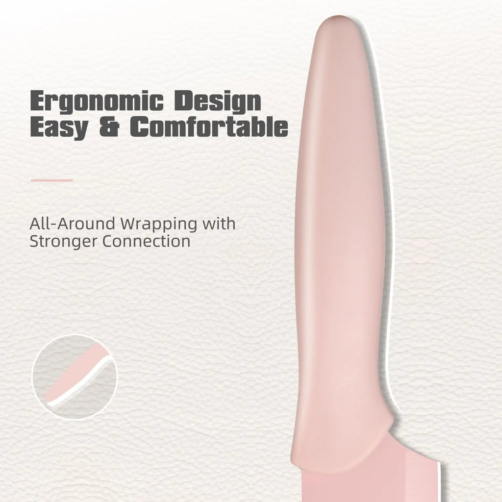 A sleek matte-finish pink stainless steel knife with an ergonomic handle in a 14 piece knife set with block