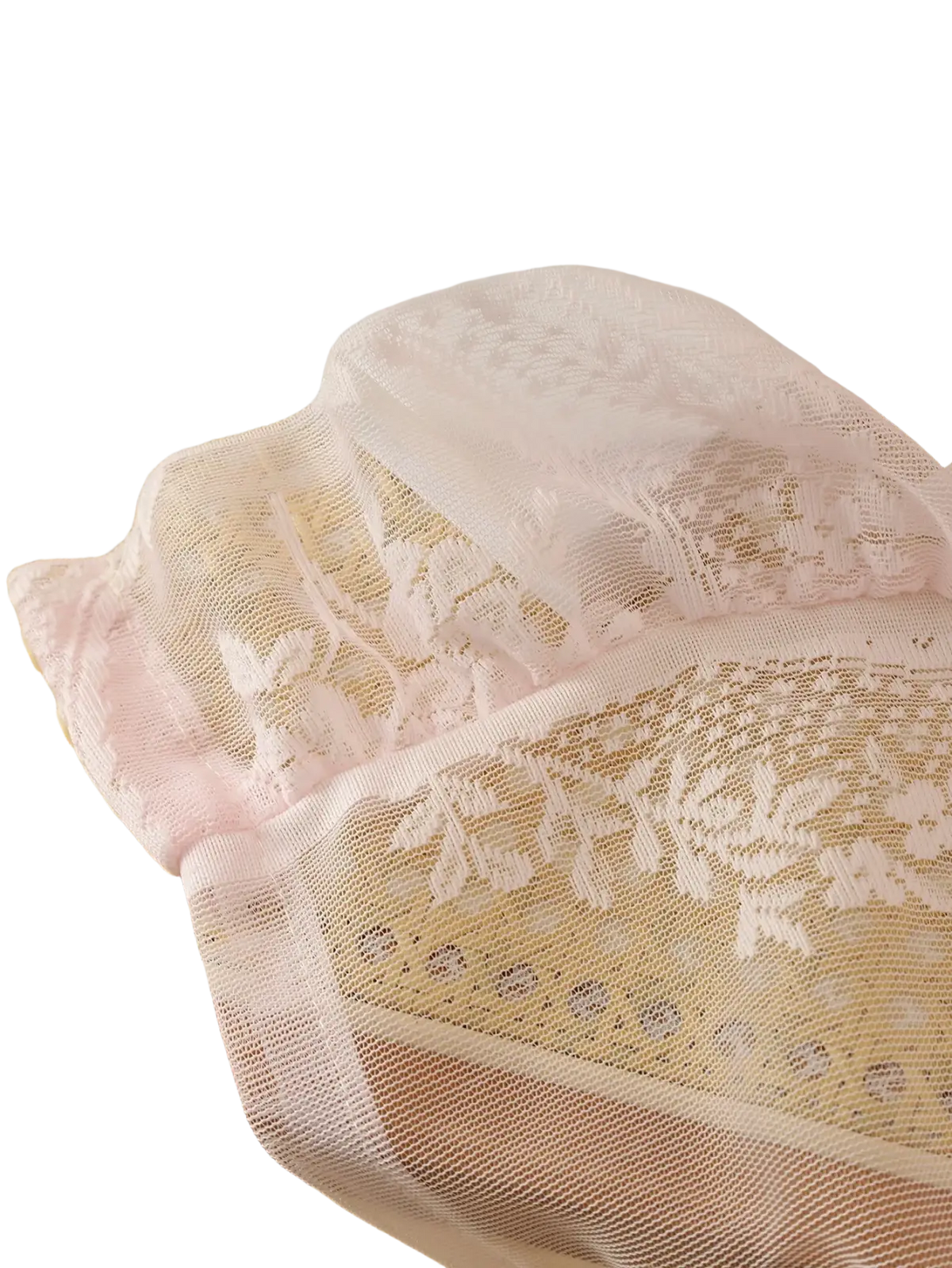 Delicate pale pink lace curtains with intricate floral patterns and a round mirror rod pocket for easy hanging