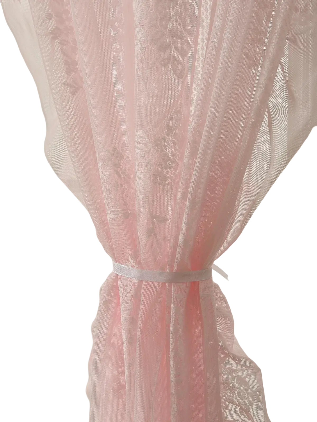 Pink lace curtains with subtle floral embroidery tied with satin ribbon featuring a round mirror rod pocket