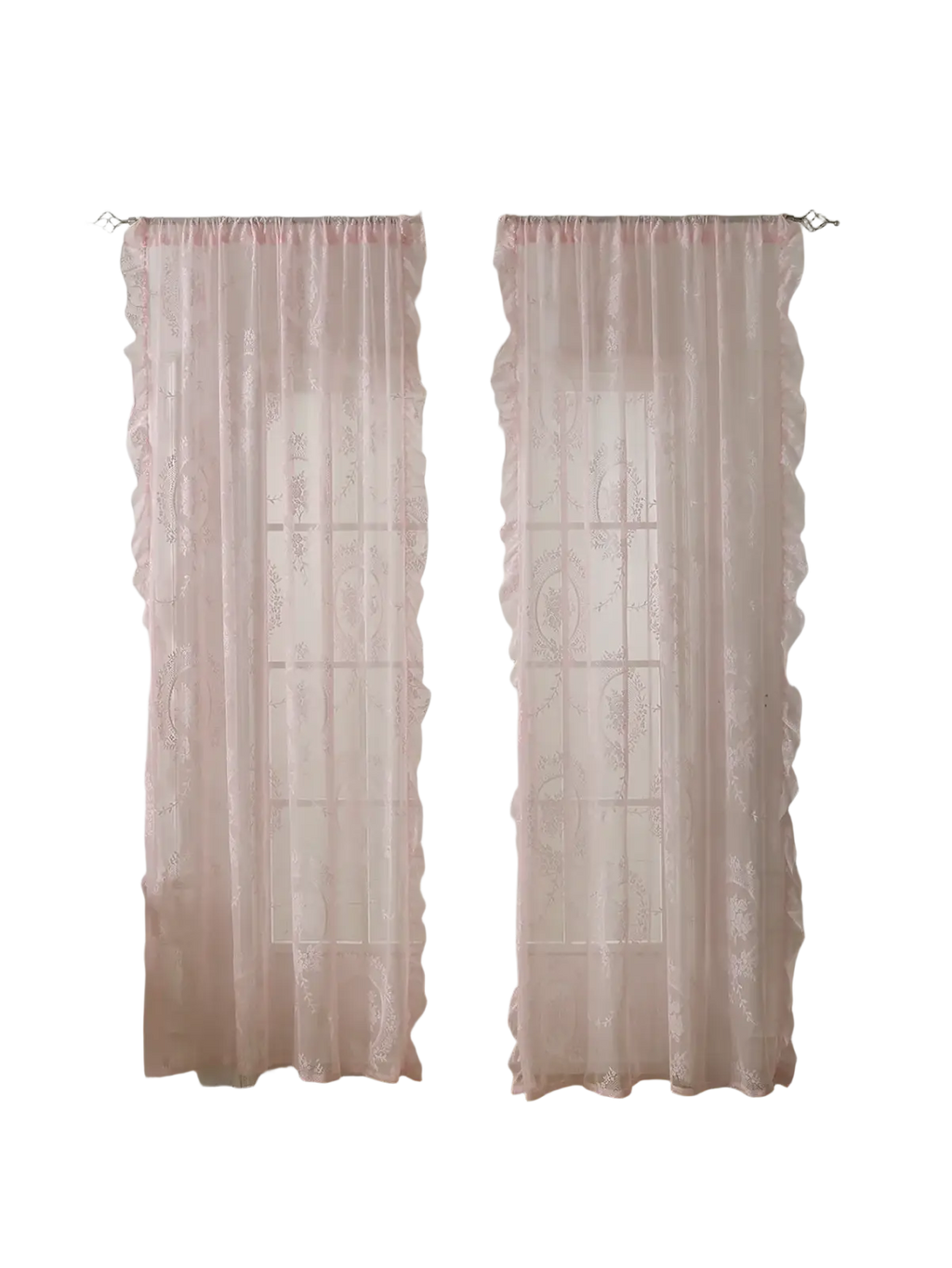Pink lace curtains with delicate ruffled edges hang gracefully from a round mirror rod with a mirror rod pocket
