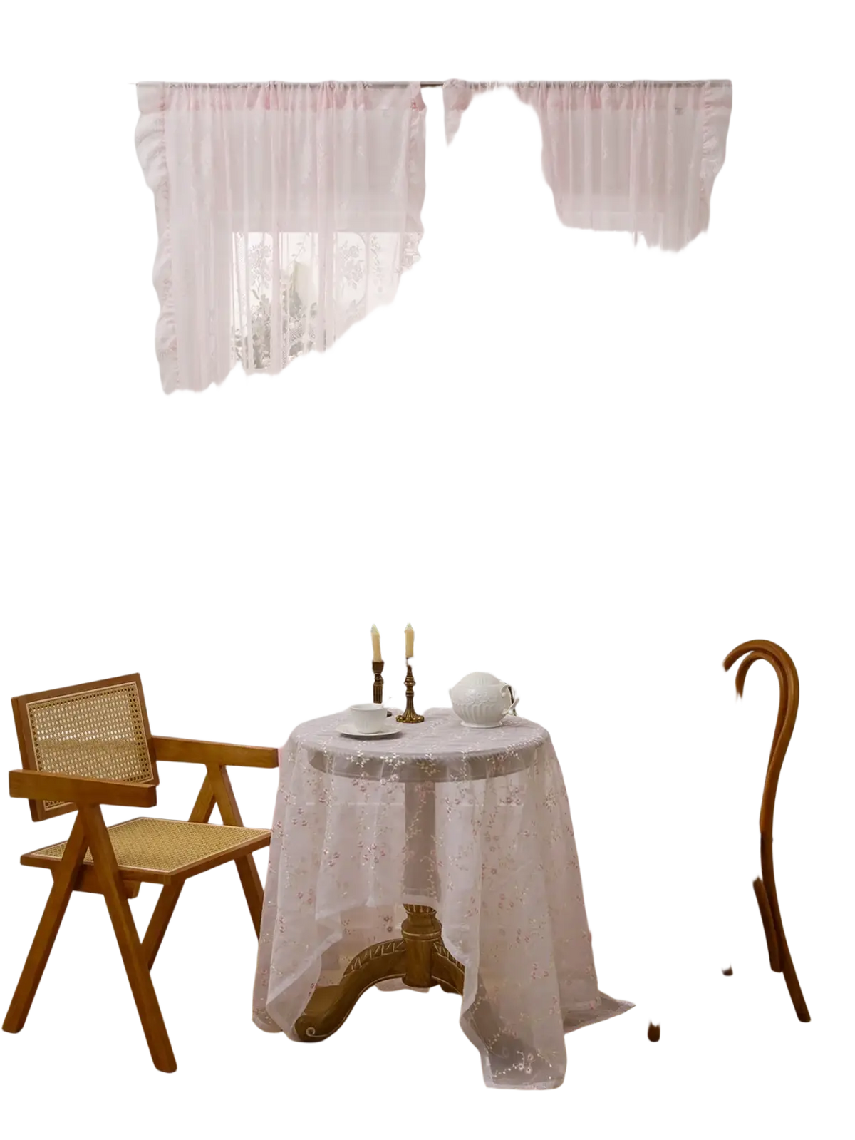 Pink sheer lace curtains with floral patterns and ruffled edges hanging from a decorative round mirror rod pocket
