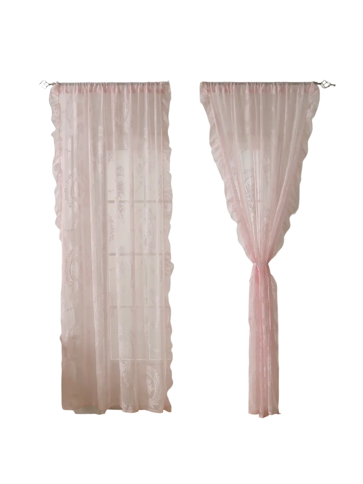 Pink sheer lace curtains with delicate floral embroidery and ruffled edges featuring a round mirror rod pocket