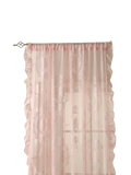 Pink lace curtains with round mirror rod pocket featuring sheer fabric, delicate ruffled edges, and floral embroidery