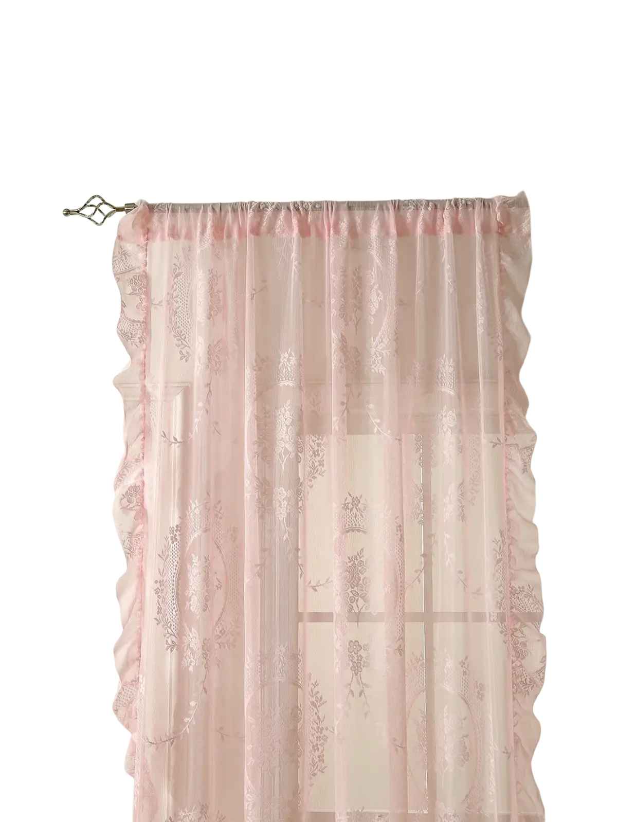 Pink lace curtains with round mirror rod pocket featuring sheer fabric, delicate ruffled edges, and floral embroidery