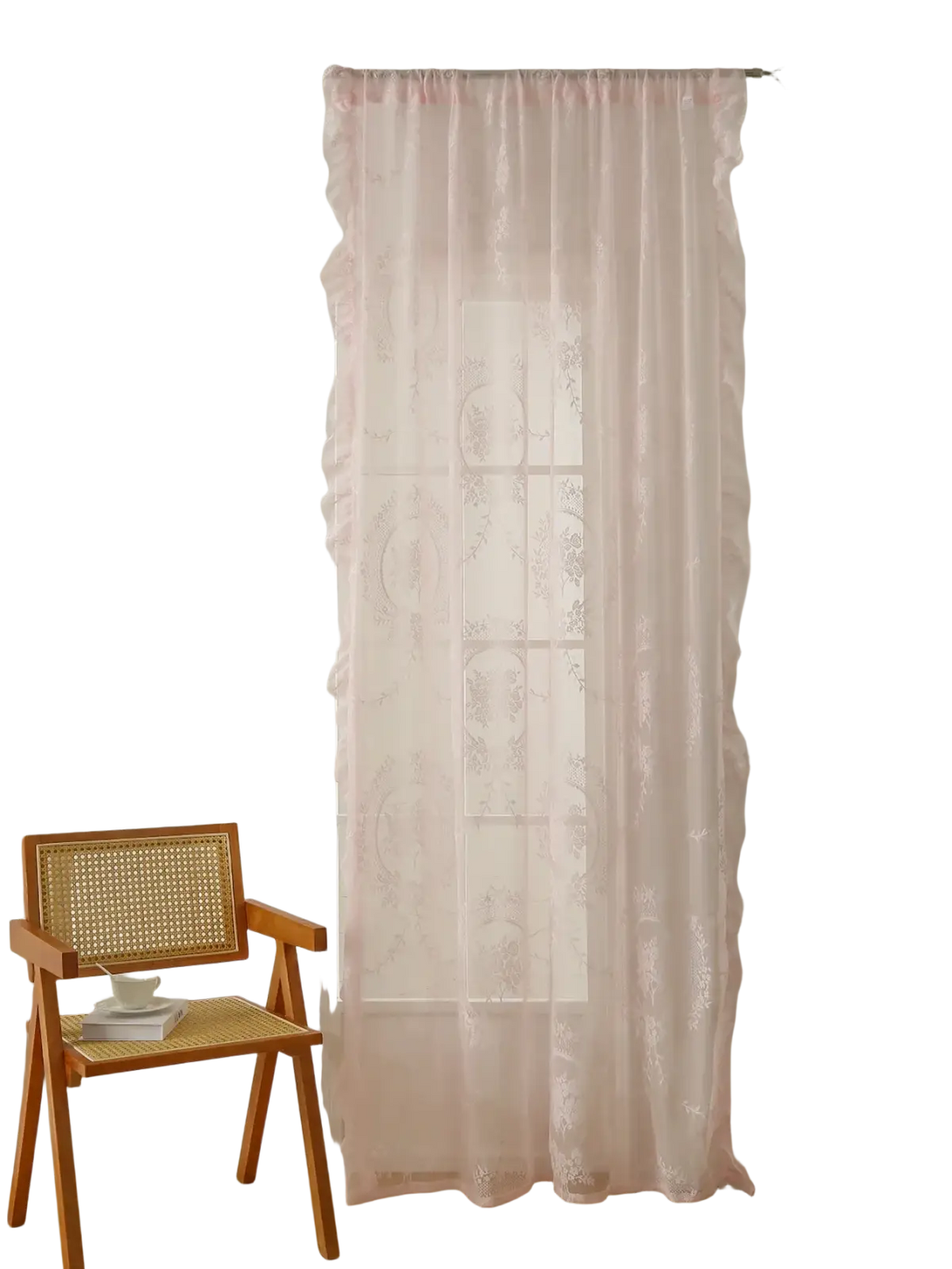 Pink lace curtains with delicate sheer fabric and ruffled edges featuring a round mirror rod pocket design