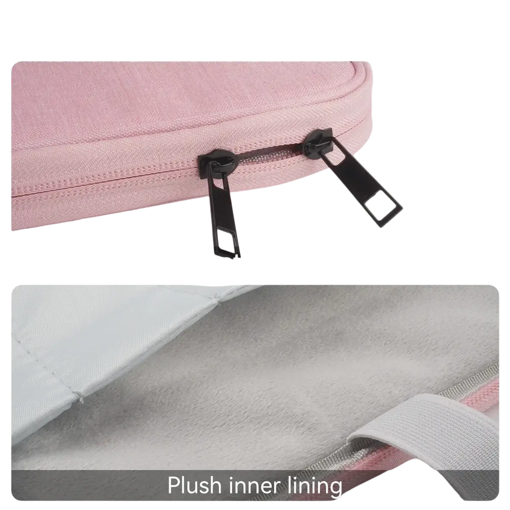 Pink laptop sleeve 11 to 13 inch padded case with smooth black zippers and plush inner lining for protection