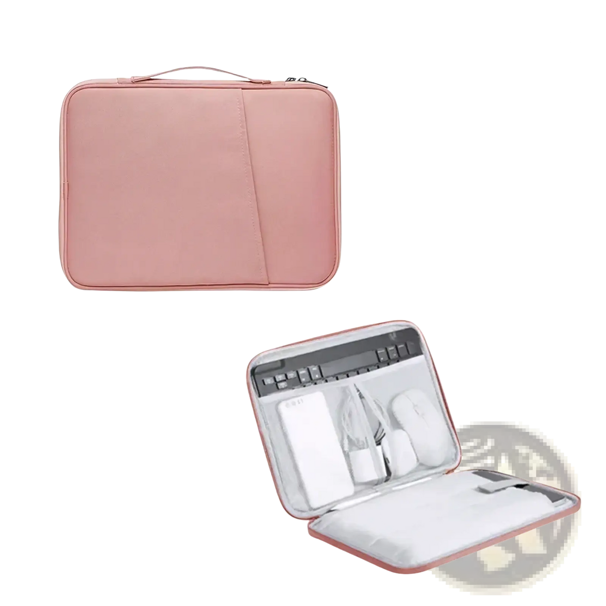Pink nylon fabric laptop sleeve with zippered closure and interior compartments for 11 to 13 inch laptops