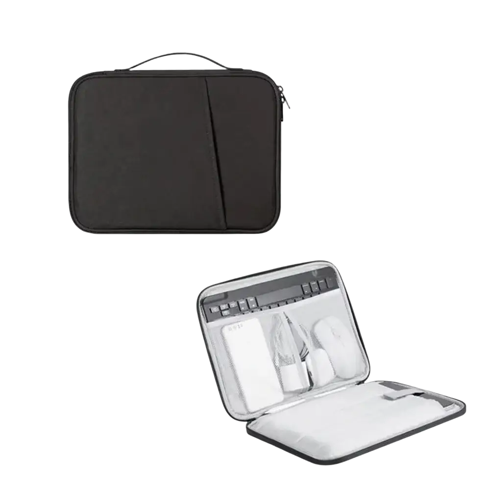 Black nylon laptop sleeve with top handle and zipper for securely holding tablets or small laptops and accessories