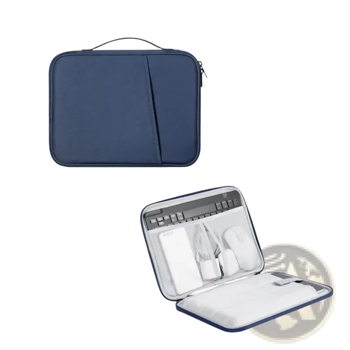 Navy blue nylon laptop sleeve with zippered closure and interior compartments for organizing accessories 11 to 13 inch padded case