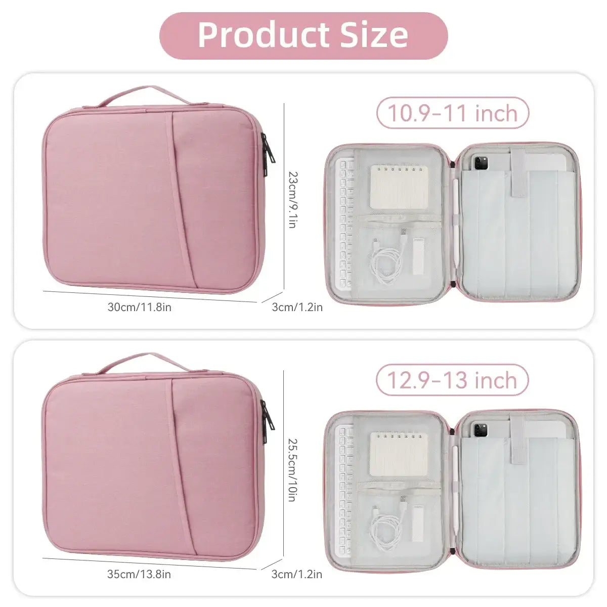 Pink padded laptop sleeve 11 to 13 inch with zippered closure and interior compartments for accessories