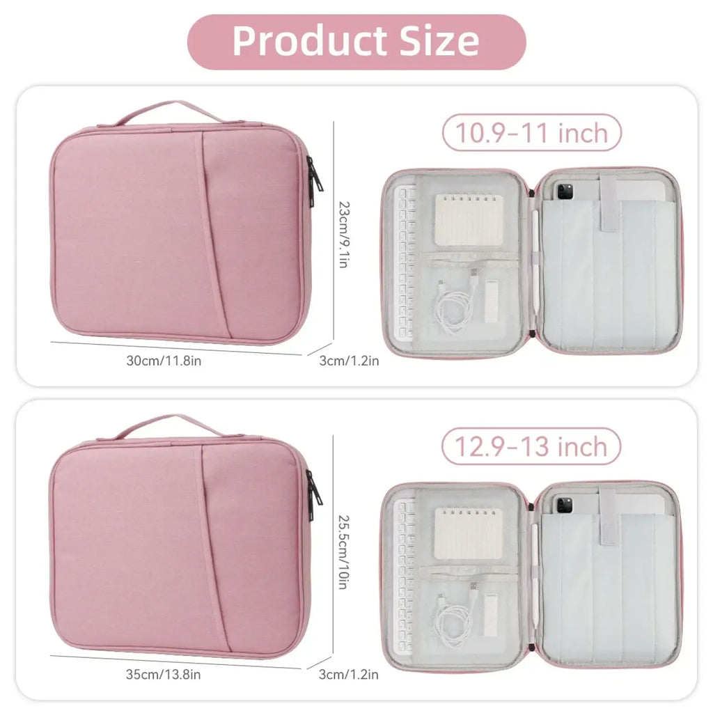 Pink padded laptop sleeve 11 to 13 inch with zippered closure and interior compartments for accessories