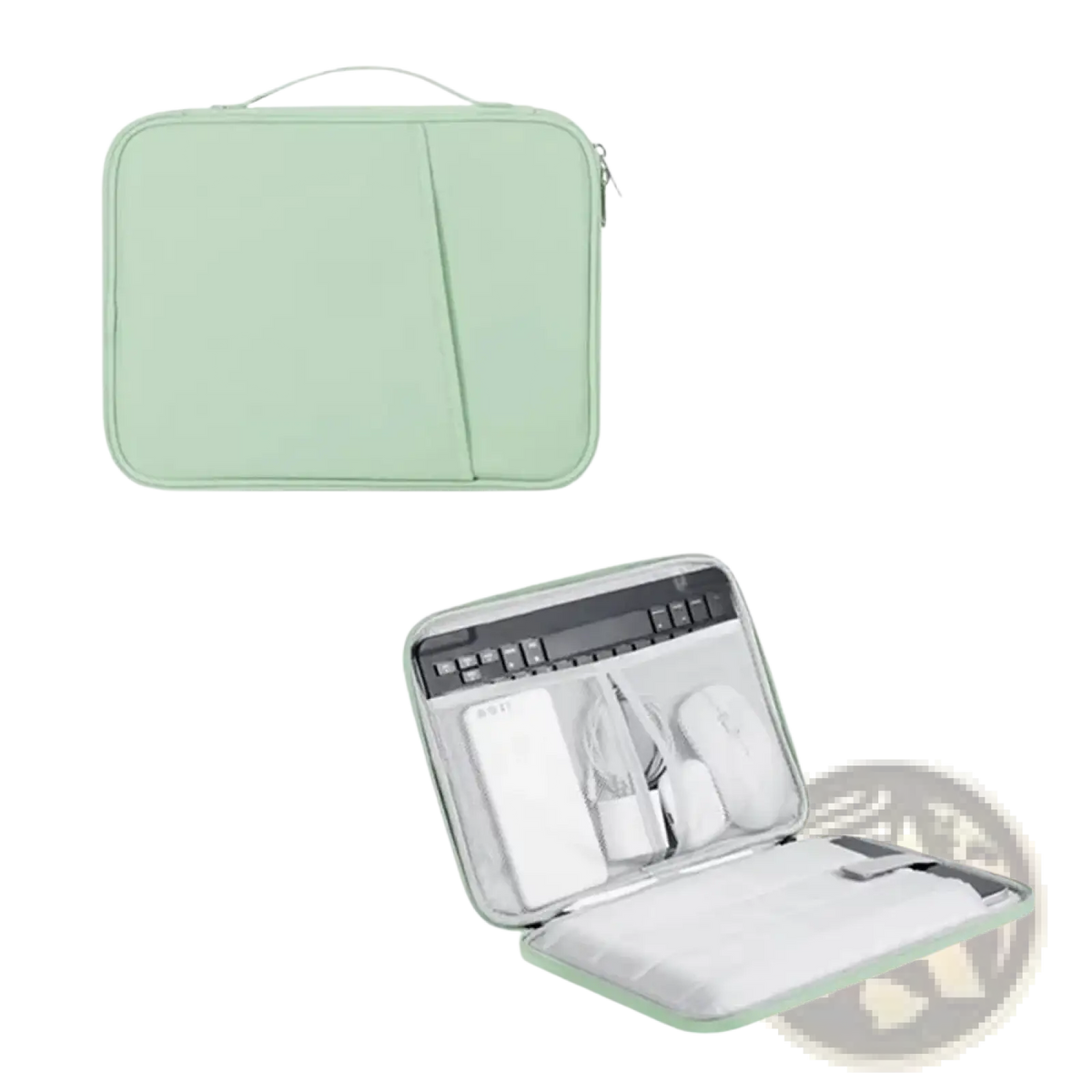 Light green nylon laptop sleeve with zippered closure and compartments for keyboard mouse and accessories