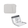 Light gray nylon laptop sleeve with handle and compartments for accessories in a pink padded case for 11 to 13 inch laptops