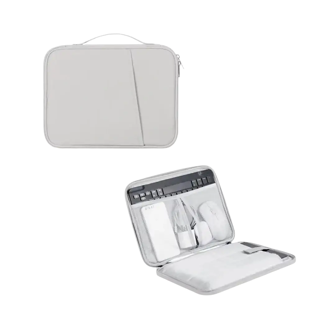 Light gray nylon laptop sleeve with handle and compartments for accessories in a pink padded case for 11 to 13 inch laptops