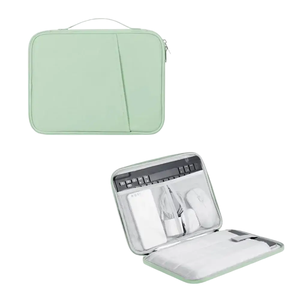 Light green nylon laptop sleeve with zippered closure and compartments for keyboard mouse and accessories