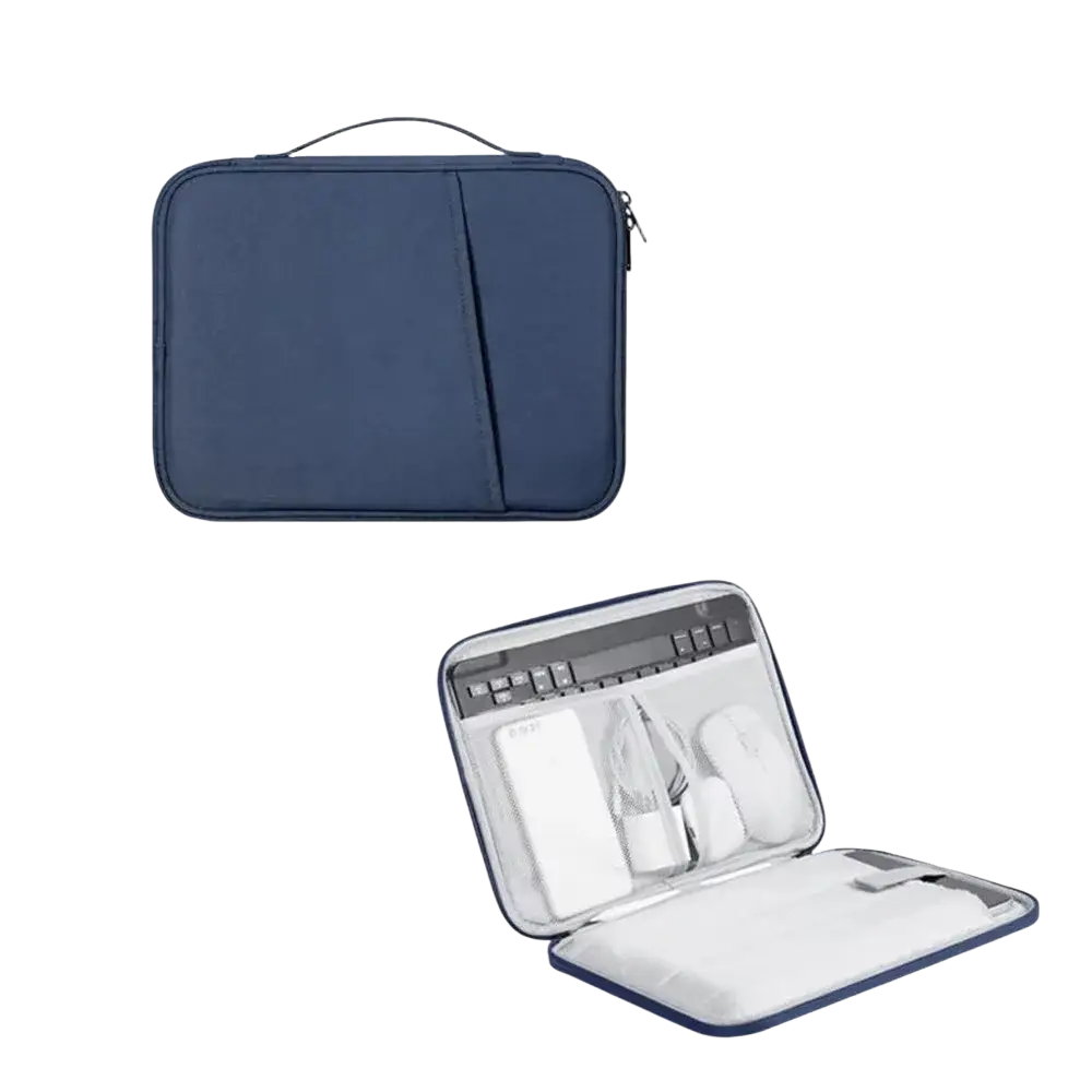 Navy blue nylon laptop sleeve with zippered closure and interior compartments for organizing accessories 11 to 13 inch padded case