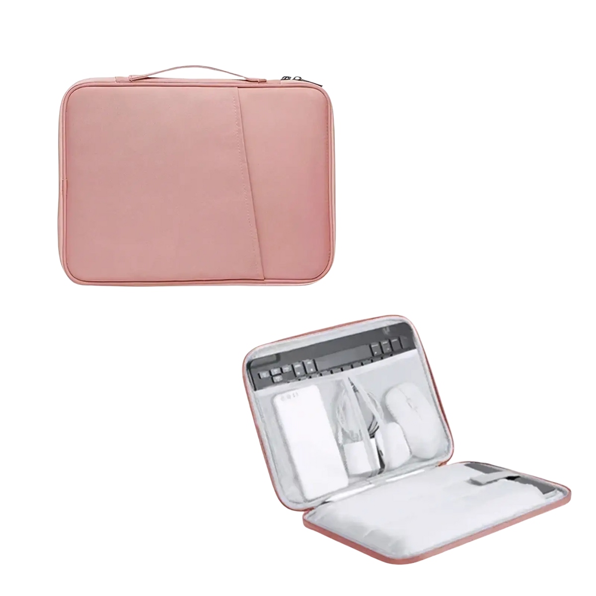 Pink nylon fabric laptop sleeve with zippered closure and interior compartments for 11 to 13 inch laptops