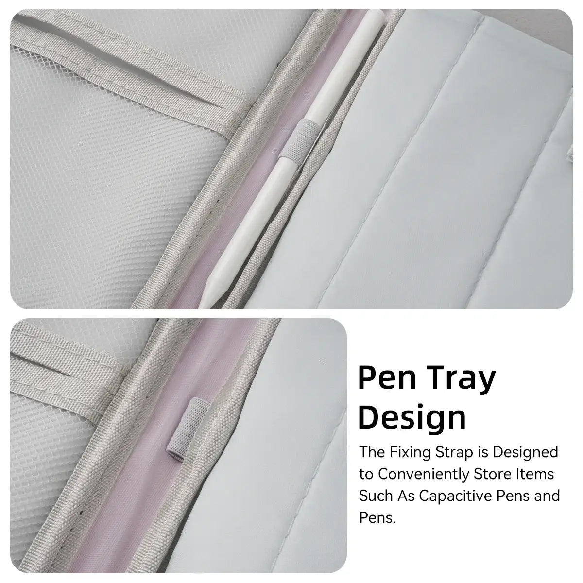 White capacitive stylus pen in soft light gray fabric-lined tray with mesh pockets inside pink laptop sleeve 11 to 13 inch padded case