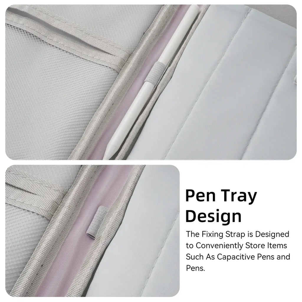 White capacitive stylus pen in soft light gray fabric-lined tray with mesh pockets inside pink laptop sleeve 11 to 13 inch padded case