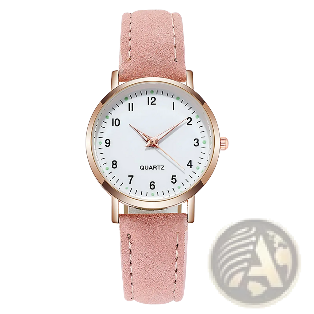A delicate pink leather quartz watch for women with a rose gold-toned case and light pink suede strap