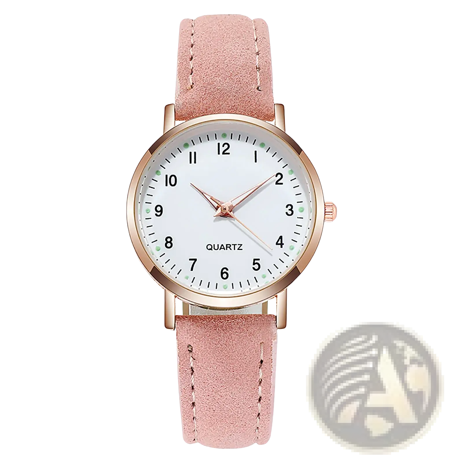 A delicate pink leather quartz watch for women with a rose gold-toned case and light pink suede strap
