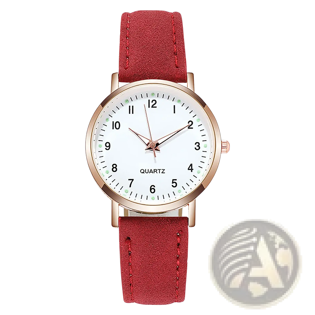 Pink leather quartz watch for women with red suede strap rose gold tone case and white dial