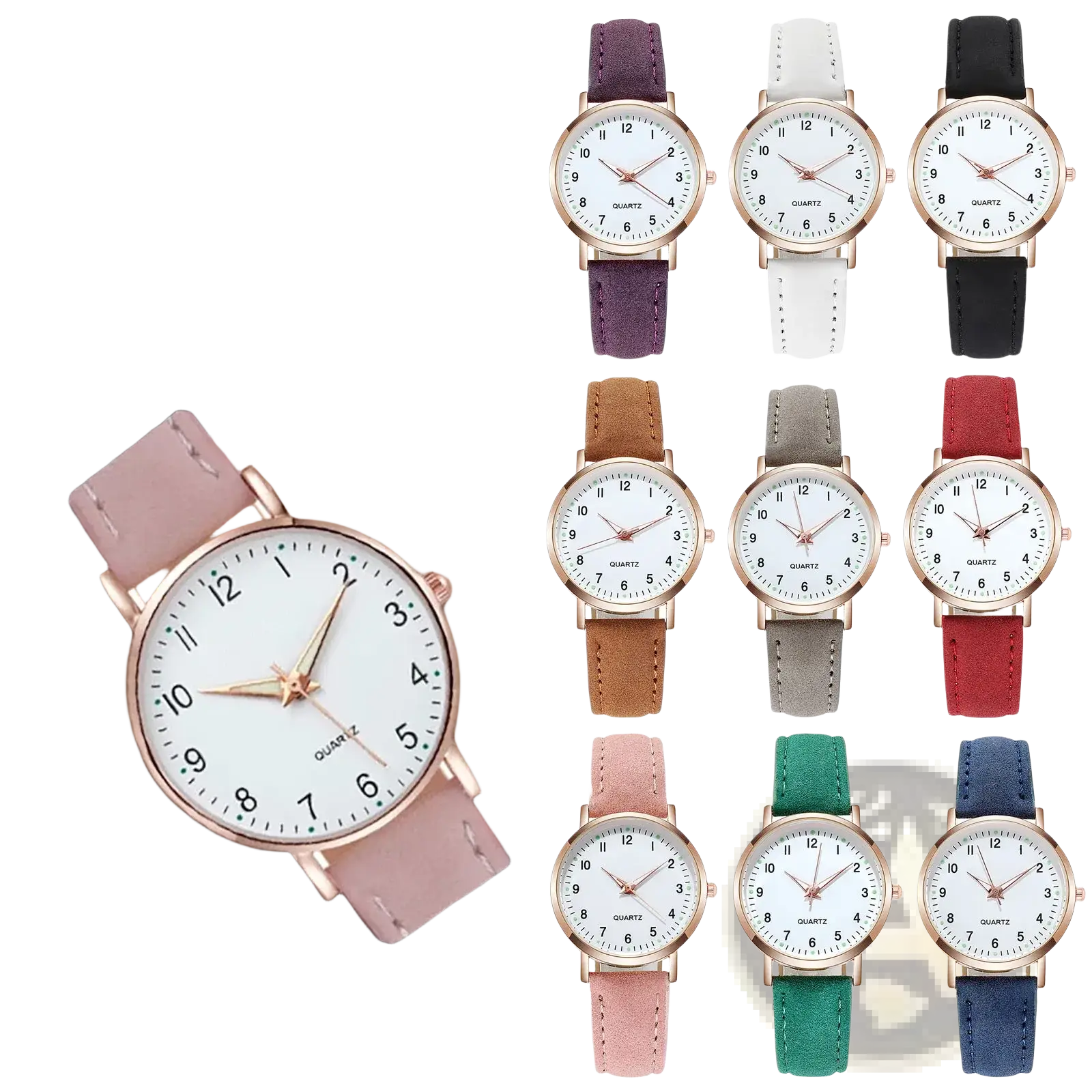 Pink leather quartz watch for women with rose gold-tone case and white dial featuring a leather strap