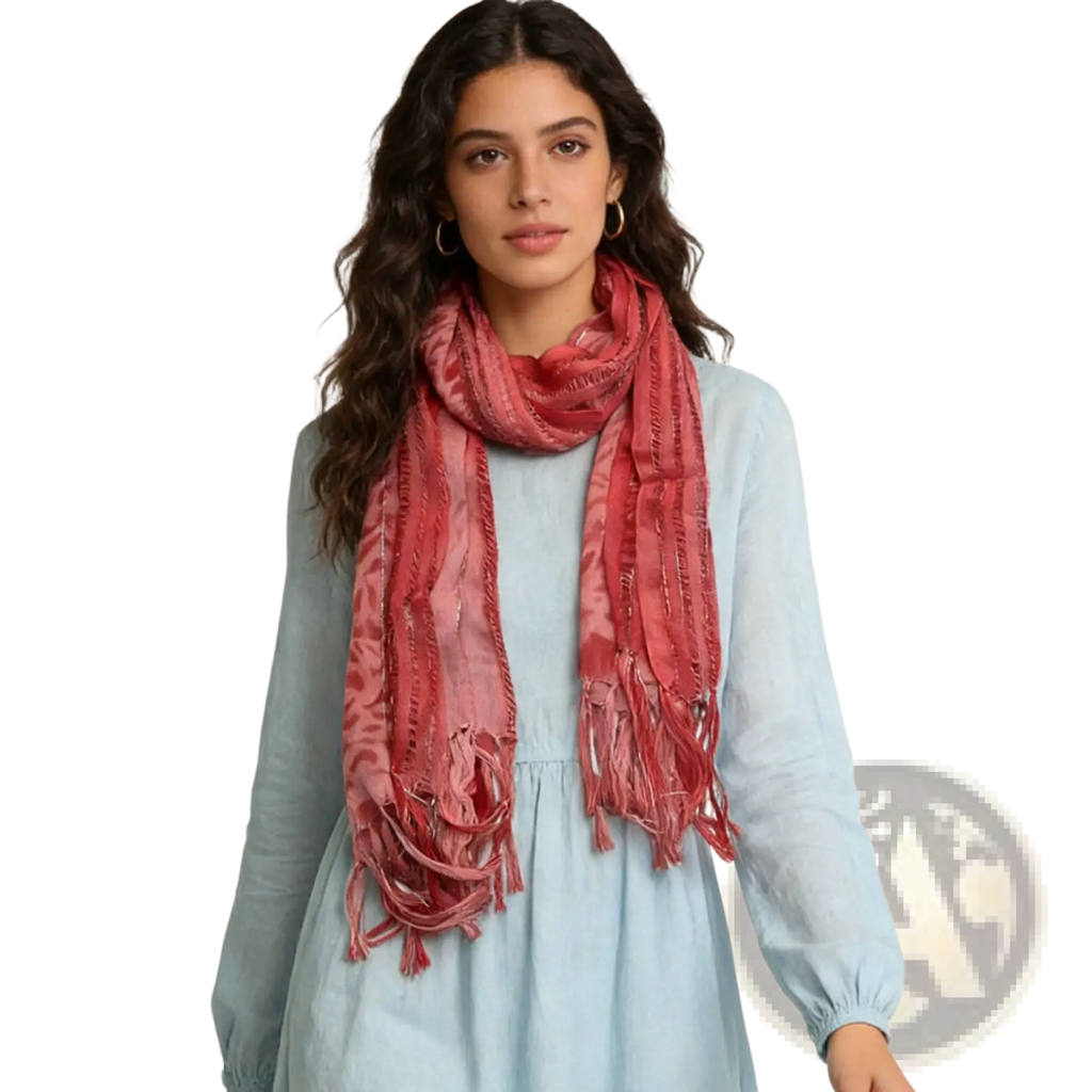 Pink leopard viscose scarf with metallic threads in soft dusty rose featuring a subtle textured pattern and frayed edges