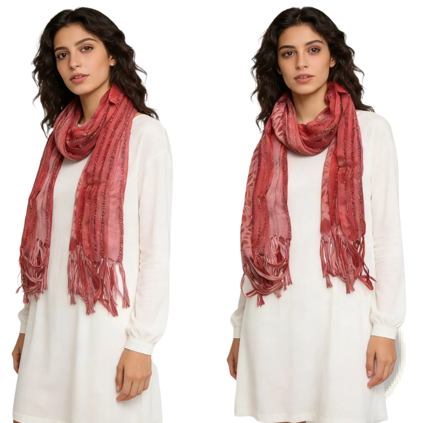 Pink leopard viscose scarf with metallic threads in soft dusty rose featuring a subtle sheen and delicate fringe detailing