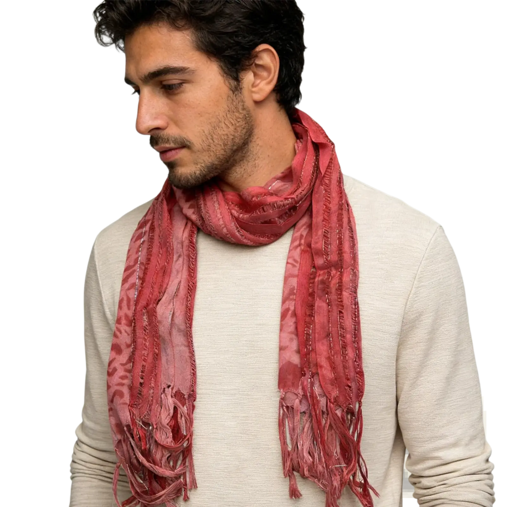 Pink leopard viscose scarf with metallic threads in dusty rose color featuring a subtle pattern and frayed edges