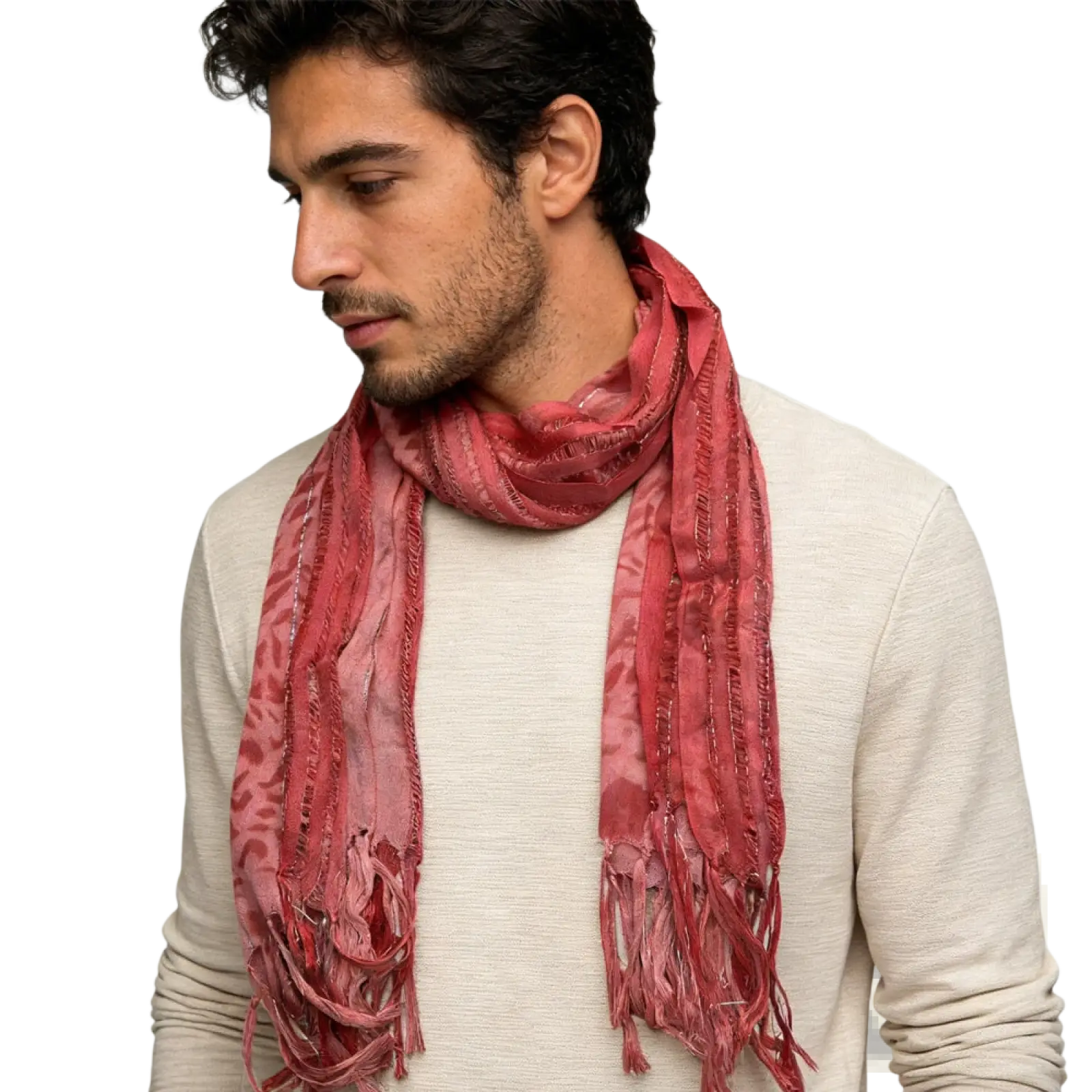 Pink leopard viscose scarf with metallic threads in dusty rose color featuring a subtle pattern and frayed edges