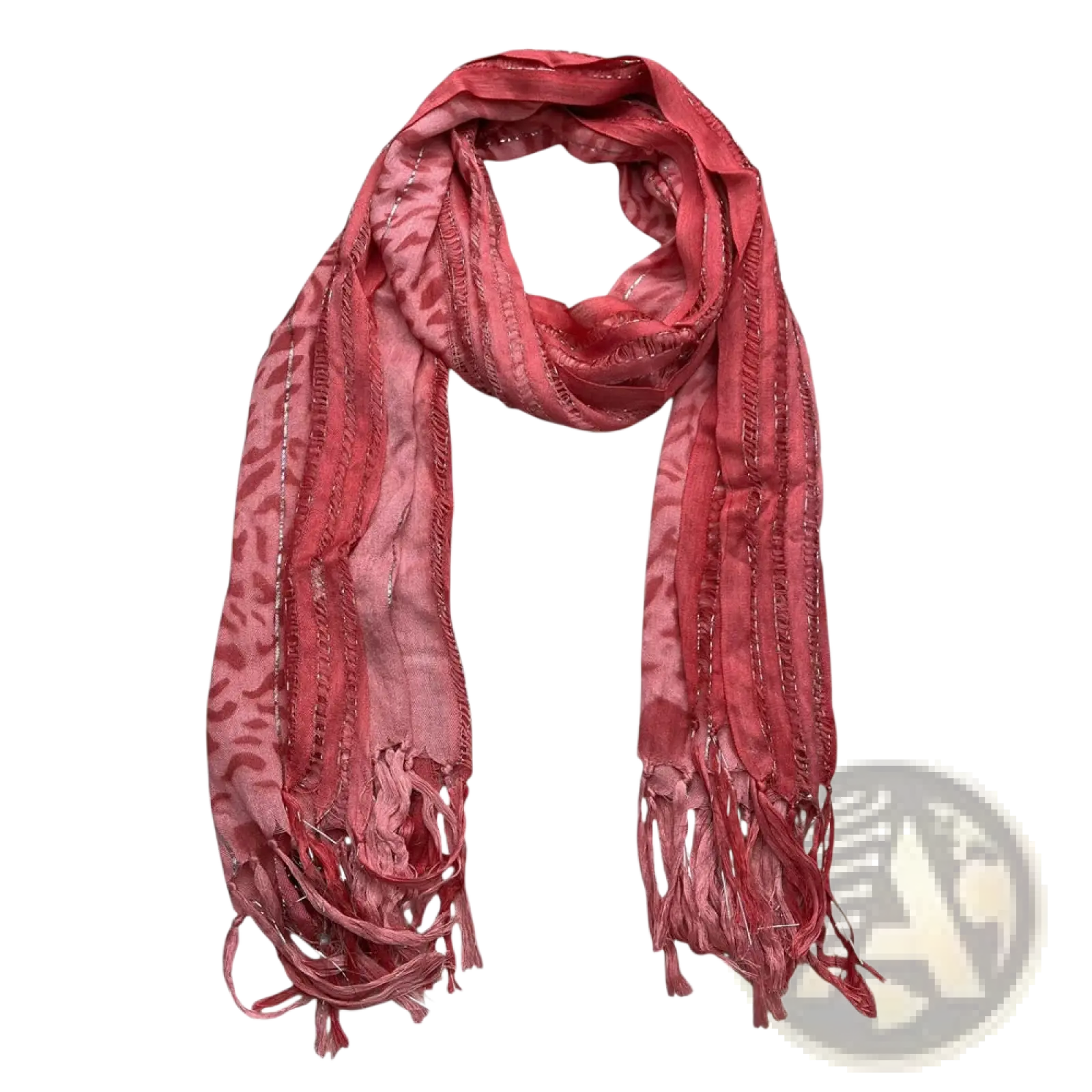 A coral-pink viscose scarf with pink leopard pattern metallic threads and fringed edges flowing gently