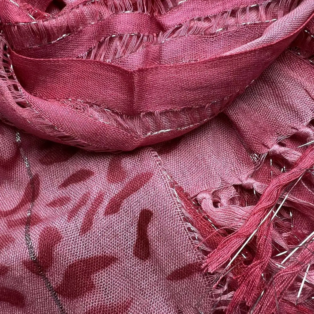 Pink leopard viscose scarf in dusty rose with metallic threads textured abstract pattern and frayed edges